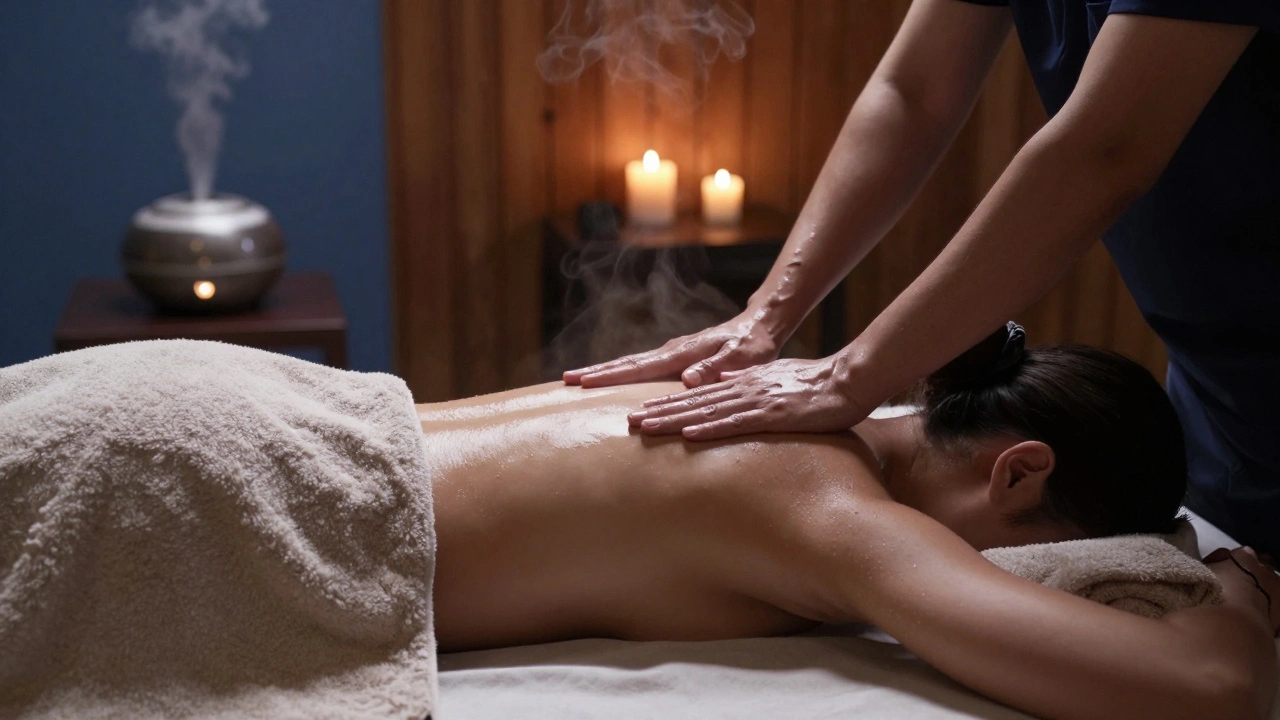 Client relaxed on a massage table, therapist applying smooth strokes with oil under soft lighting.