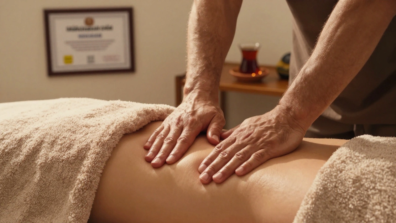 Close-up of a therapist's hands performing deep tissue massage on a client's back with warm towels.