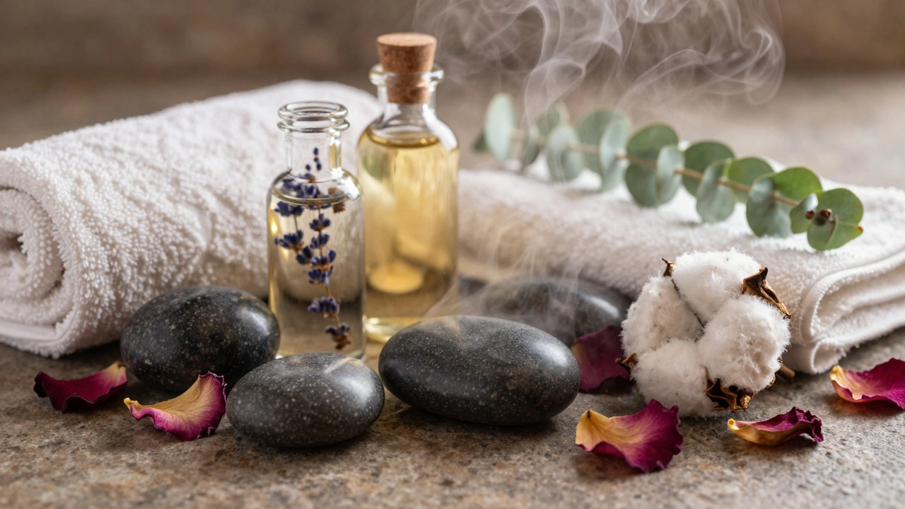 Close up of spa stones, oils, and steam on a textured stone table.