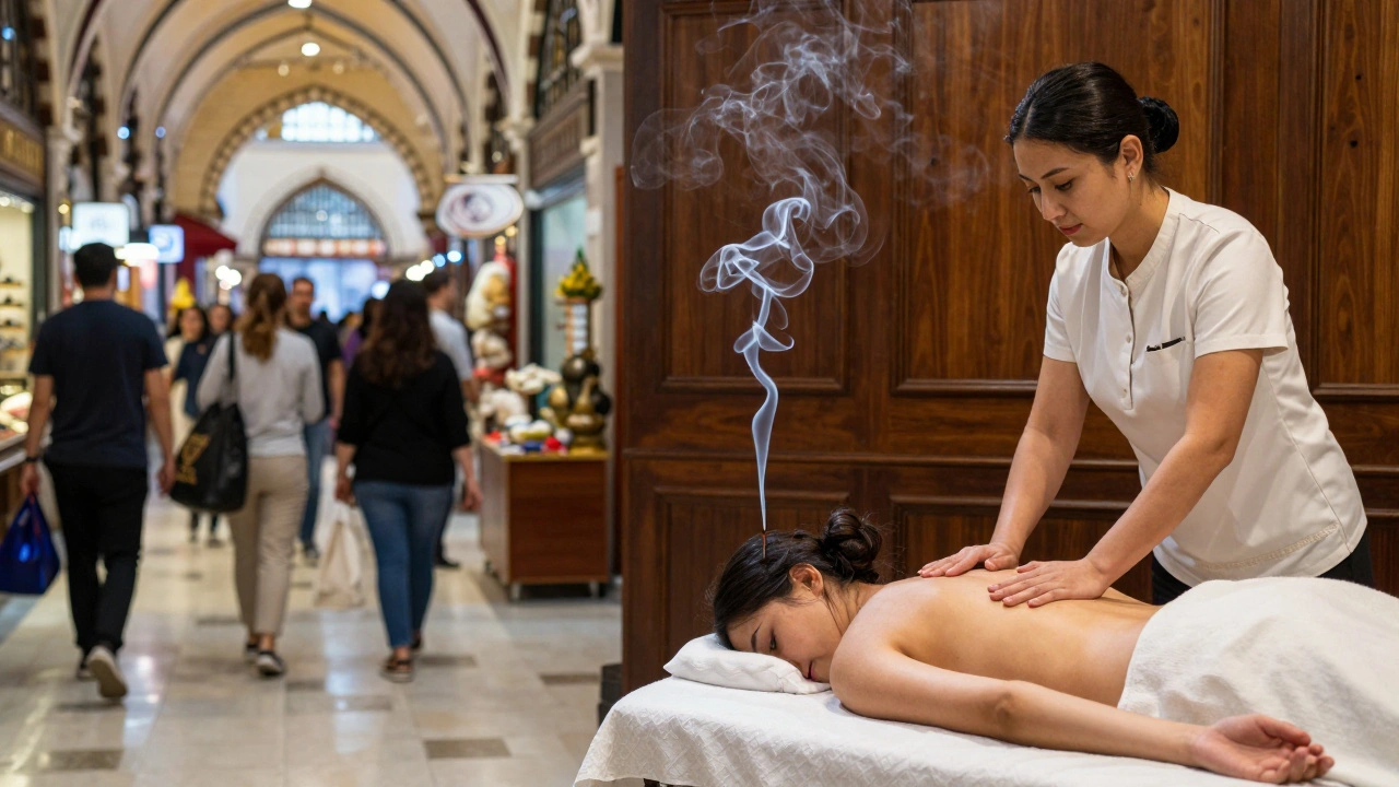 Contrast between bustling Istanbul market and serene Thai massage room, connected by incense smoke.