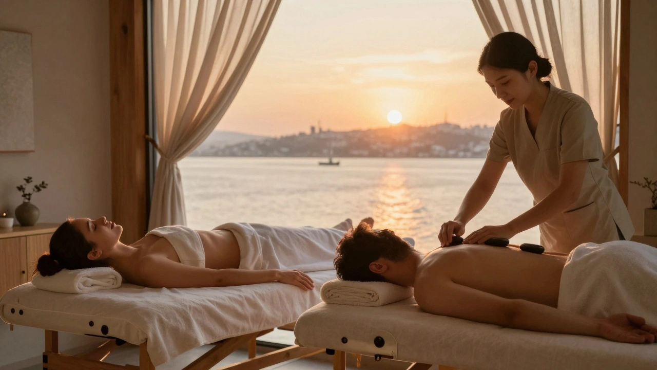 Couples enjoying a side-by-side massage in a serene suite with Bosphorus sunset views.