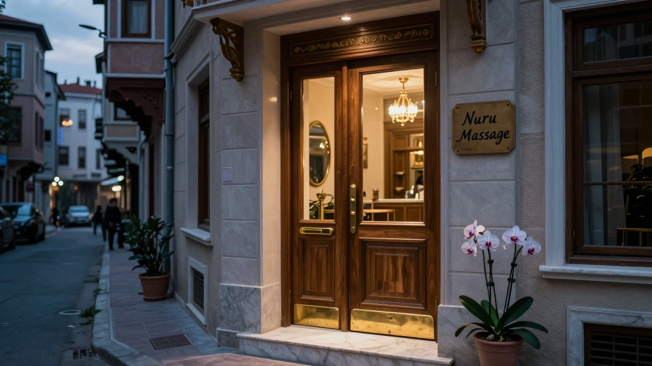 Discreet entrance to a luxurious nuru massage studio in Istanbul's Nişantaşı district at twilight.