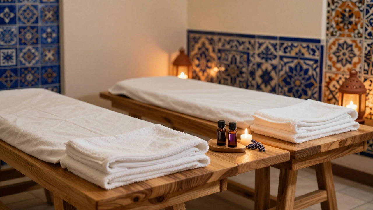 Empty spa room with towels, oil bottles, and warm candlelight ambiance setup