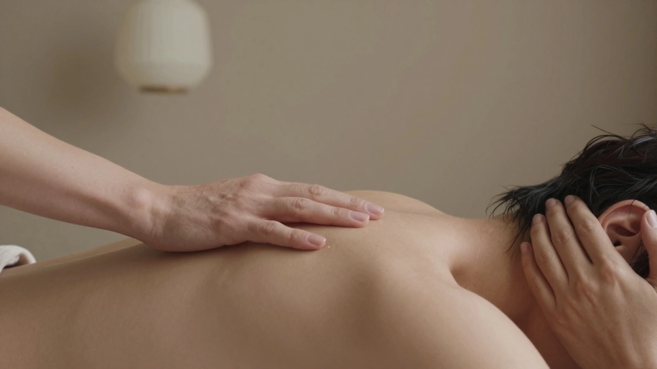 Gentle hands hovering above a person’s back and head during a mindful tantric massage session, with a tear on their temple.
