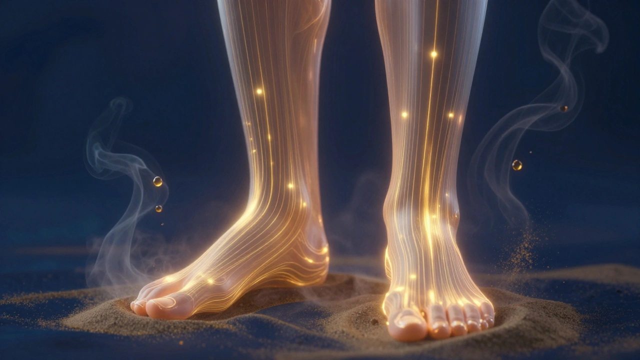 Golden energy lines flow gently through a human body, surrounded by smoke and oil droplets, rendered in ethereal painterly light.