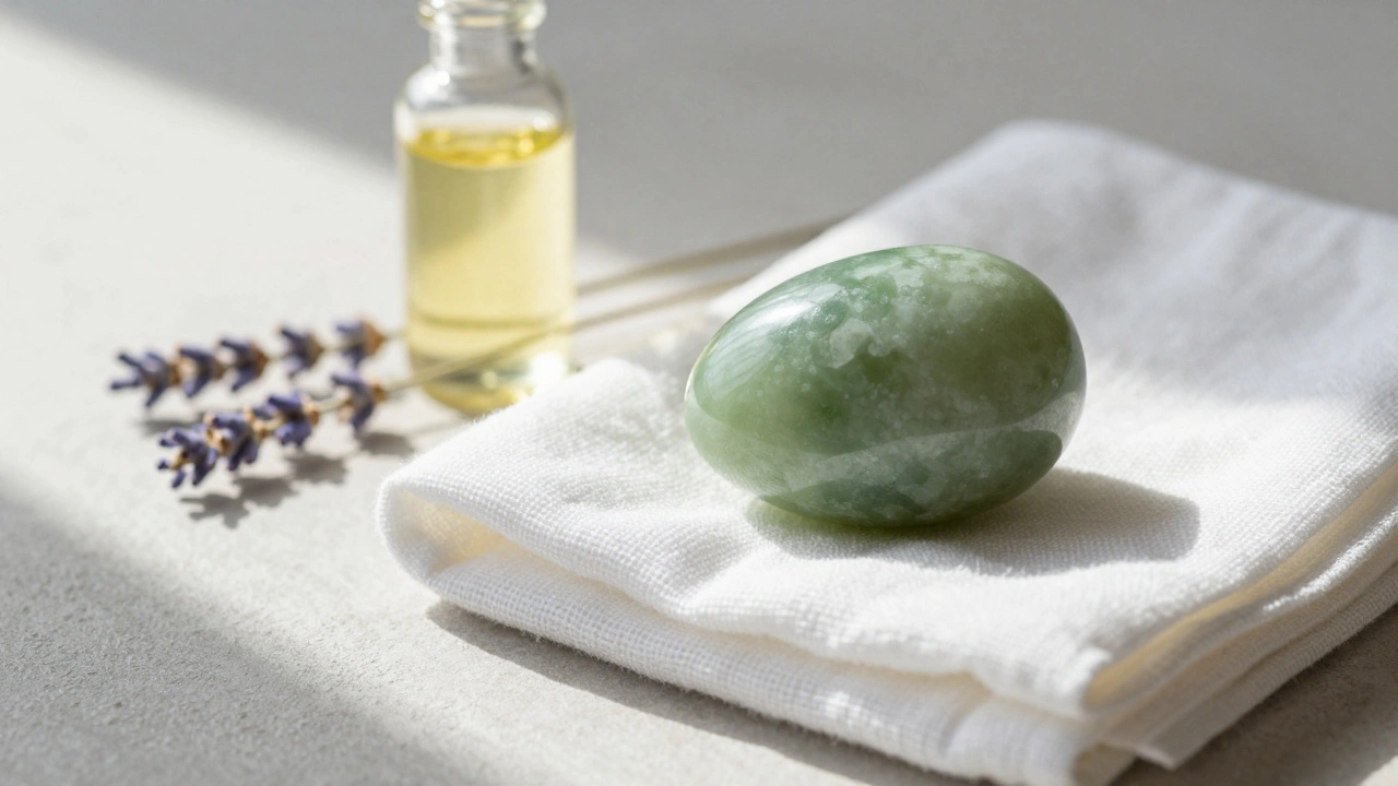 Jade egg and organic oil resting on a white linen towel