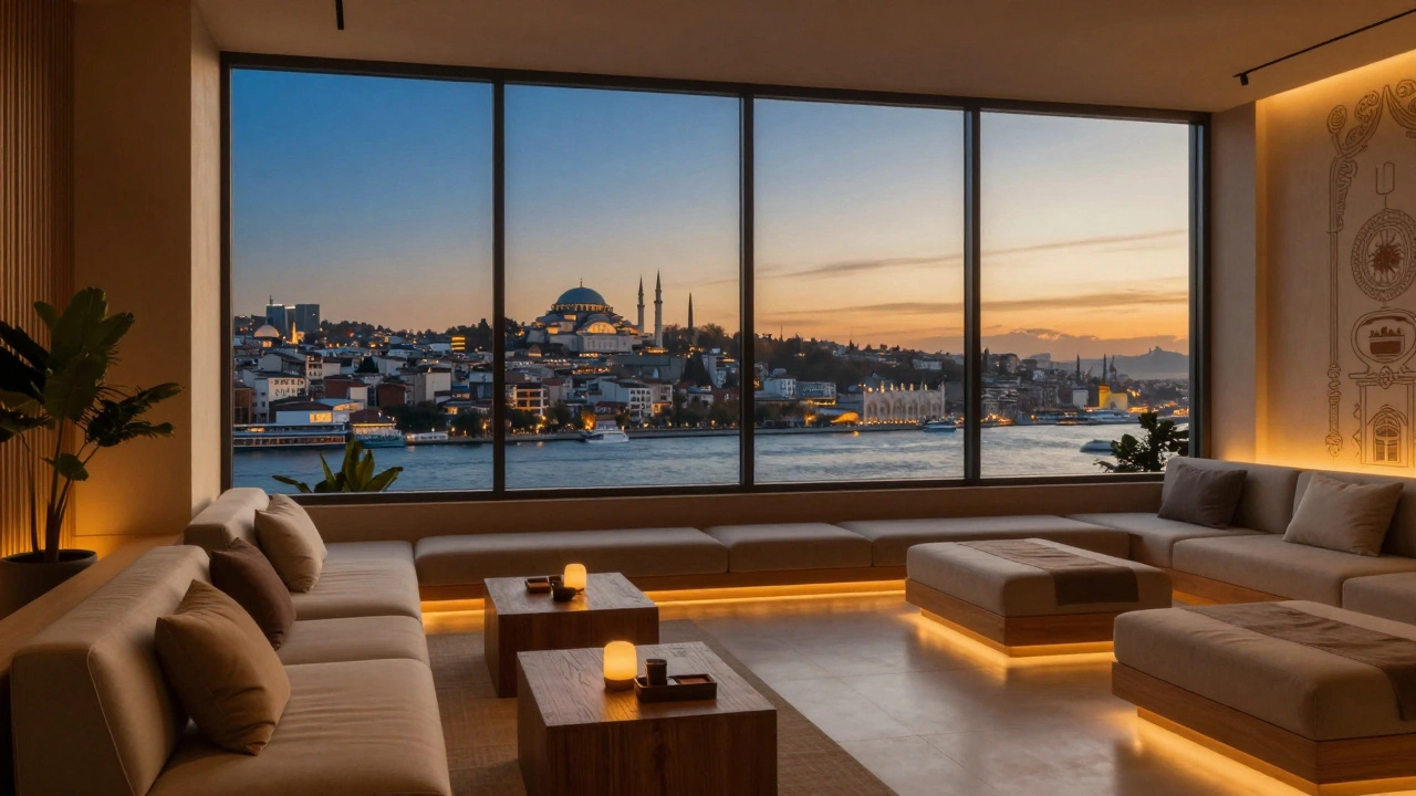 Peaceful spa overlooking Istanbul historic district at golden hour