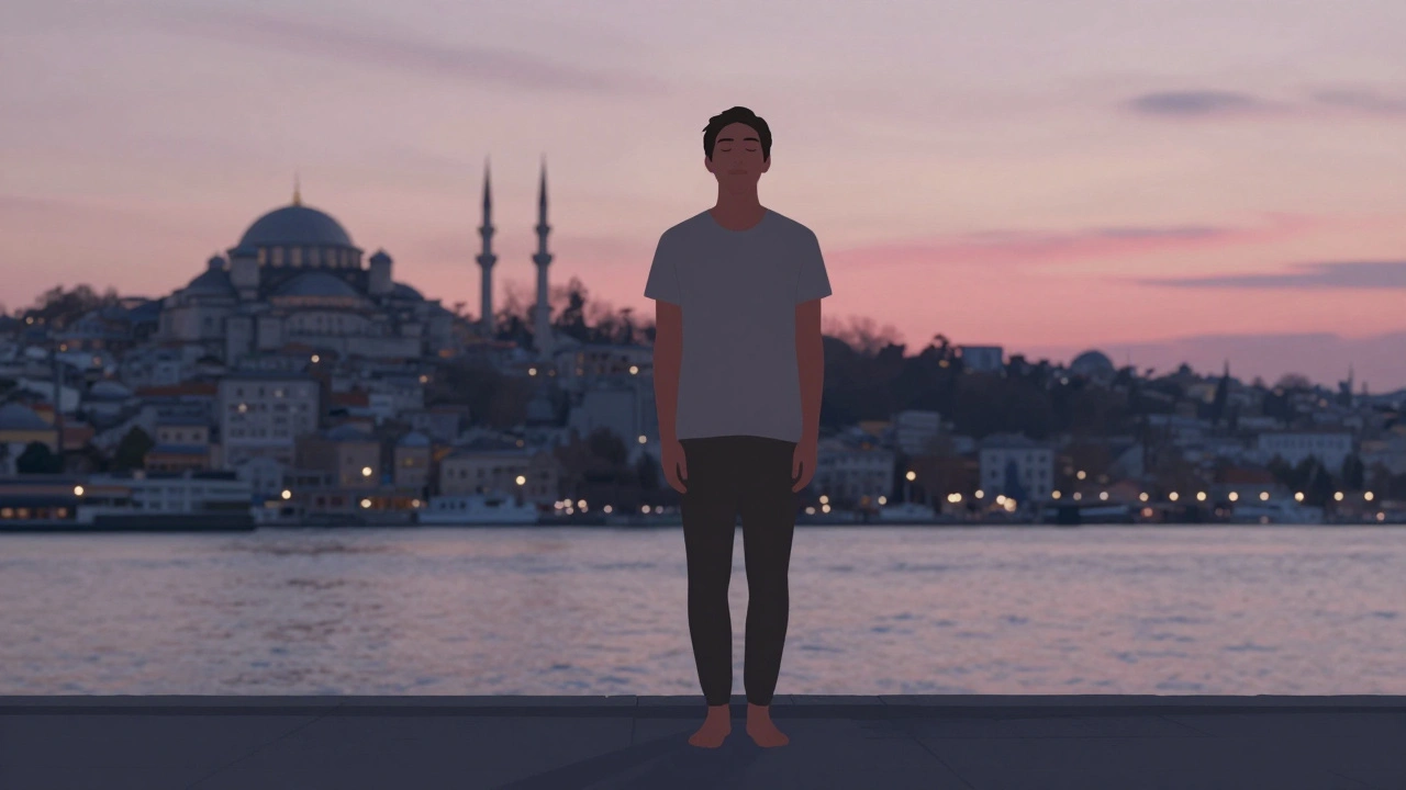 Person standing by water at sunset eyes closed feeling calm and grounded