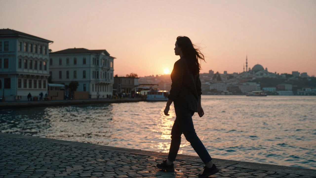 Person walking along Bosphorus waterfront at sunrise