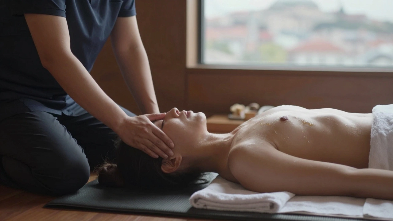Side-by-side comparison of Thai stretch and Swedish relaxation massage techniques in a spa setting.