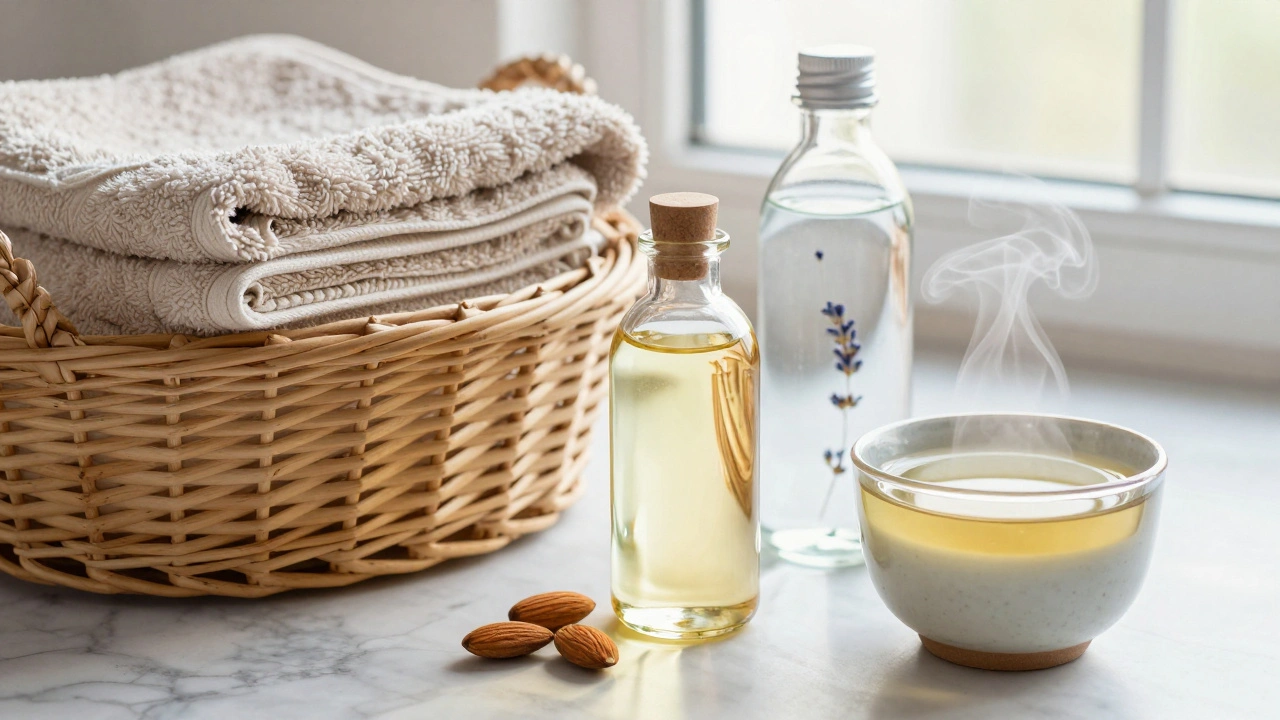 Spa preparation items including towels and essential oils on tray.