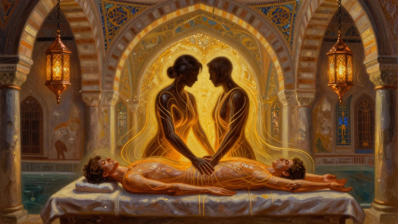 Symbolic intertwined figures connected by flowing golden oil, surrounded by Ottoman architecture, evoking tradition and emotional release in Istanbul.