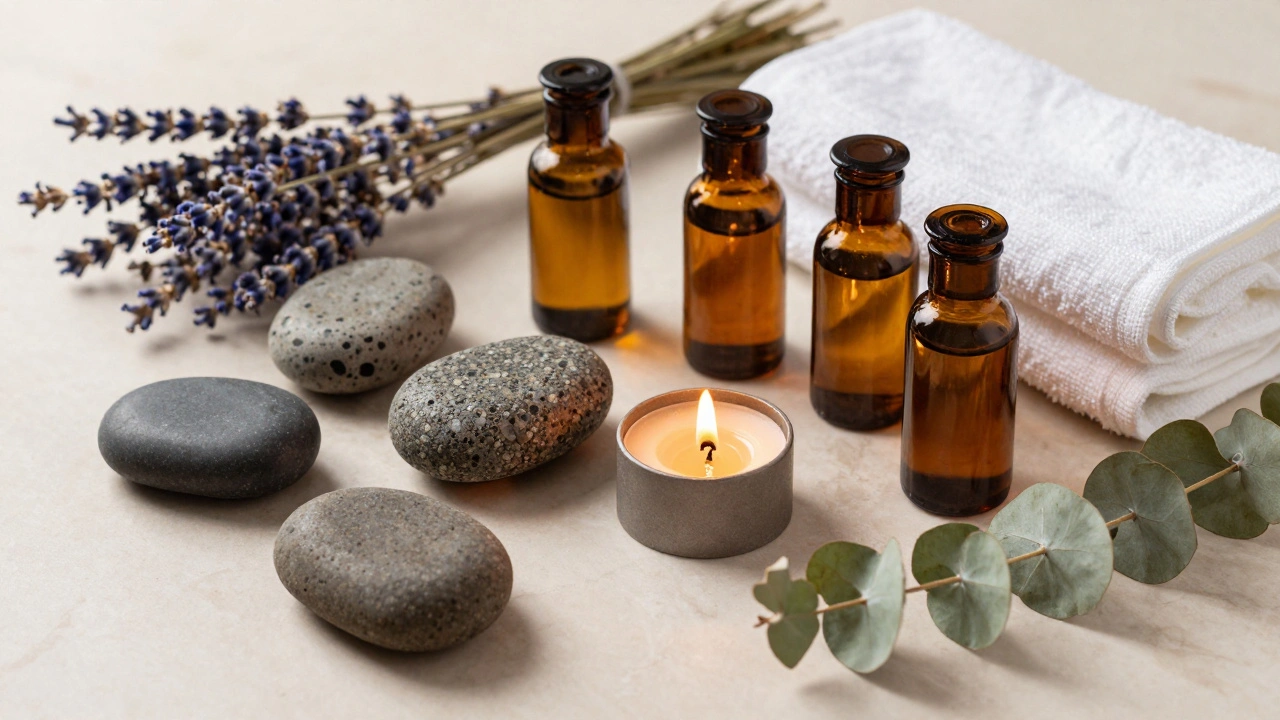 Traditional Turkish spa stones, oils and herbs arranged on marble