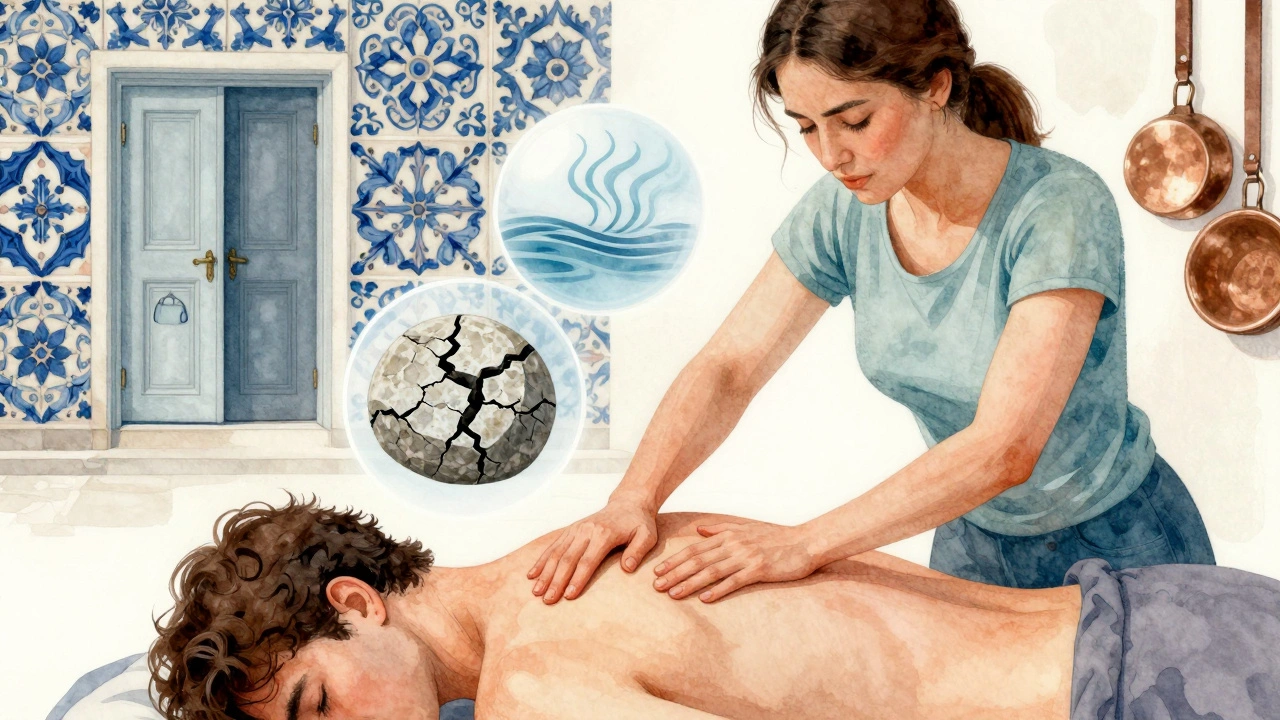 Watercolor illustration of a therapist releasing deep tension, with symbolic images of emotion and breath.