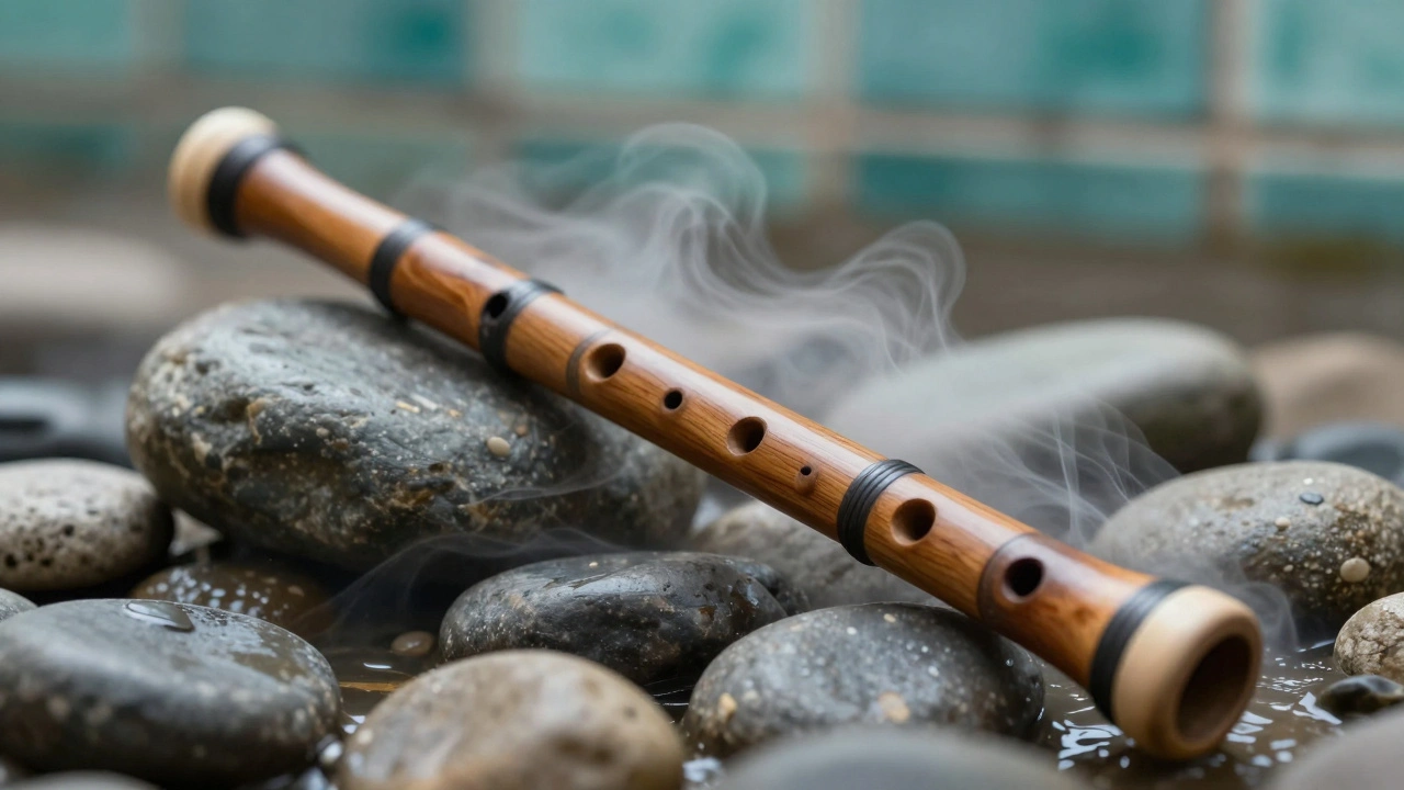 Wooden ney flute resting on river stones with ethereal mist
