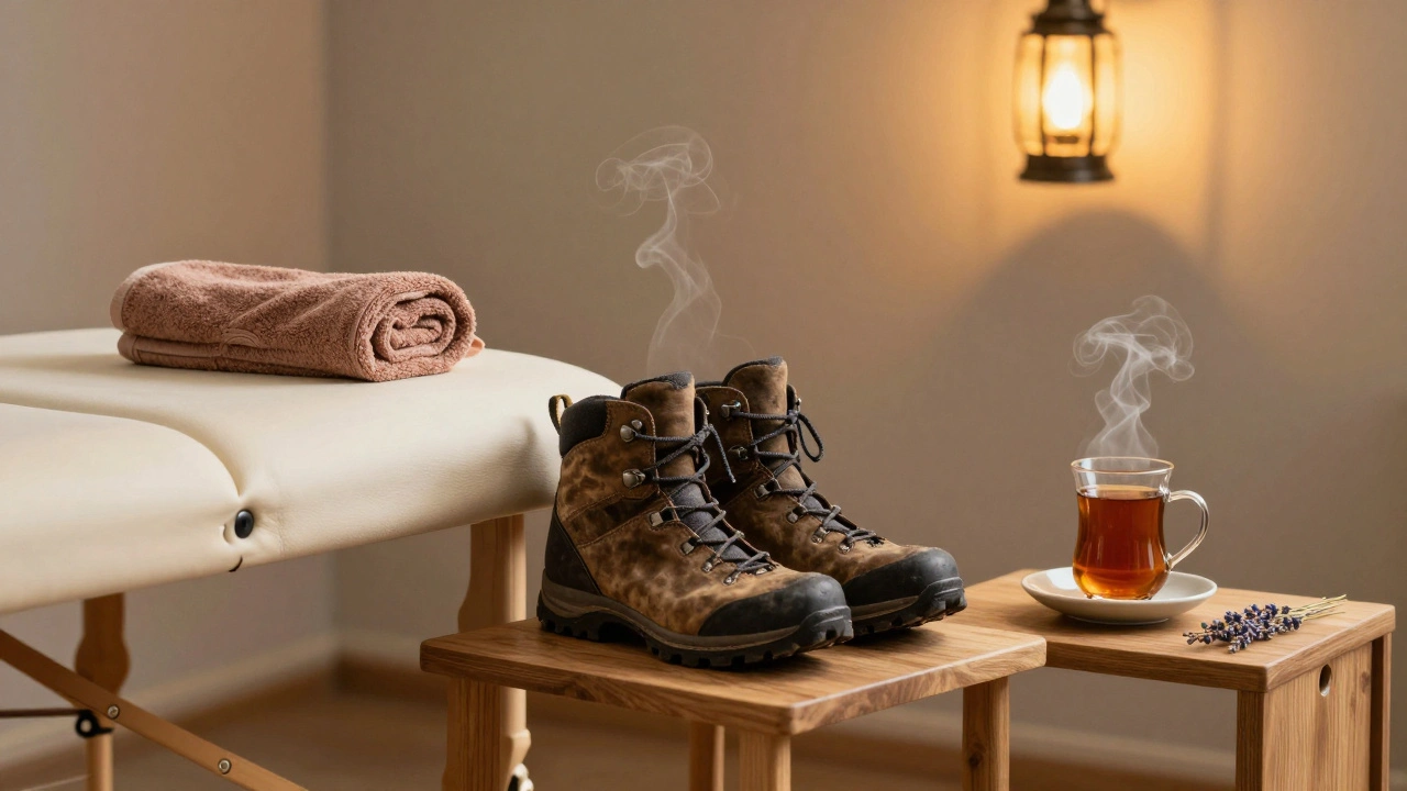 Worn hiking boots beside a massage table with herbal tea and a warm towel, symbolizing relaxation after exploration.